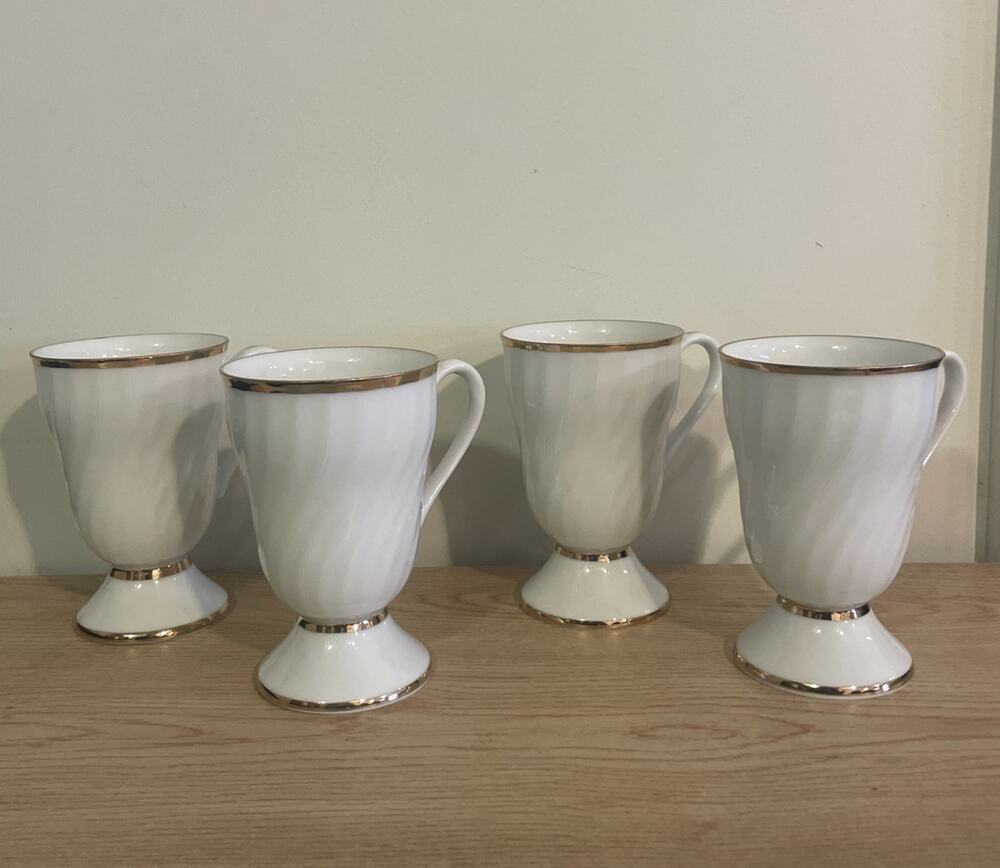 (QTY 4) VTG Neiman Marcus 4.75” White Porcelain Gold Irish Coffee Pedestal Cup